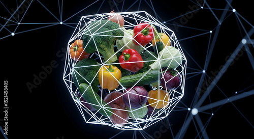 Innovative Vegetable Composition Inside a Digital Geometric Wireframe Structure