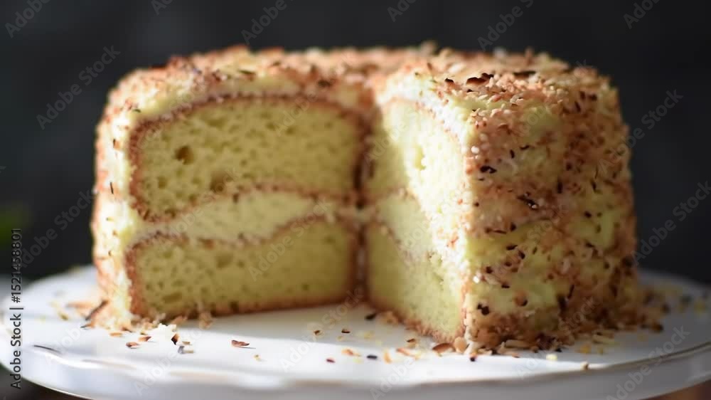 Cinematic left-to-right orbit of coconut layer cake on white pedestal, soft daylight, rich textures, 8s motion Cinematic left-to-right orbit of coconut layer cake on white pedestal, soft daylight, rich textures, 8s motion