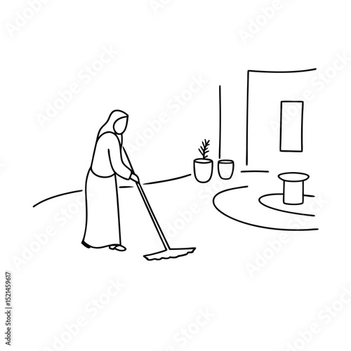 Woman cleaning floor continuous line drawing minimalist home cleaning
