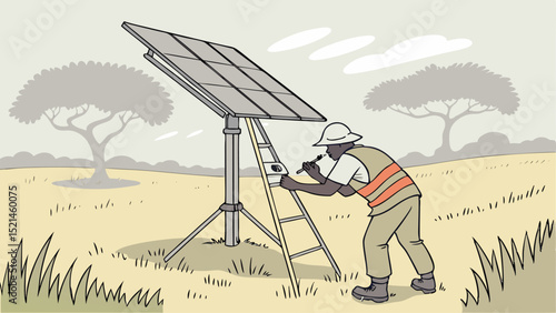 Man in safety gear on ladder inspecting solar panel array in field with trees in background landscape