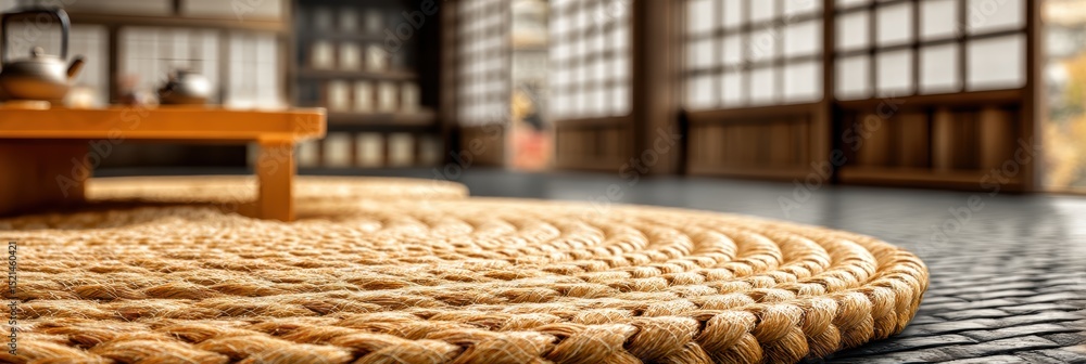 Obraz premium natural straw mat surface with Japanese tea room in background blur