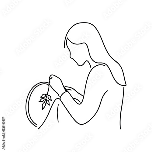 Woman embroidering floral design continuous line drawing