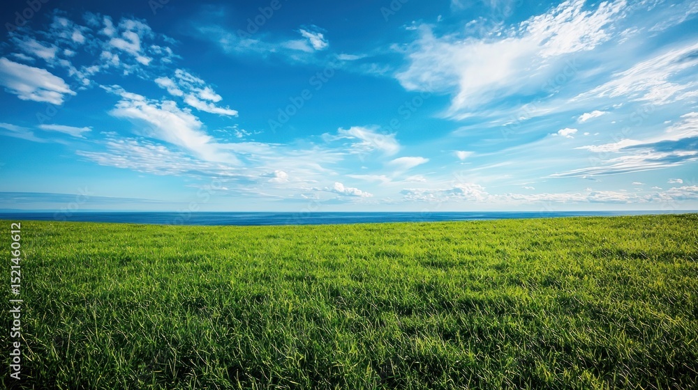 Obraz premium A vast, green, grassy field stretches towards a distant horizon under a clear blue sky with scattered white clouds.