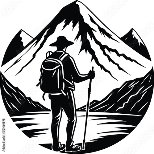 Hiker with Backpack Overlooking Mountain Lake in Circular Frame