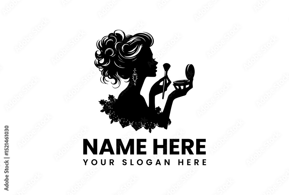 Fototapeta premium Minimalist vector logo of elegant woman applying cosmetic makeup with brush and mirror 