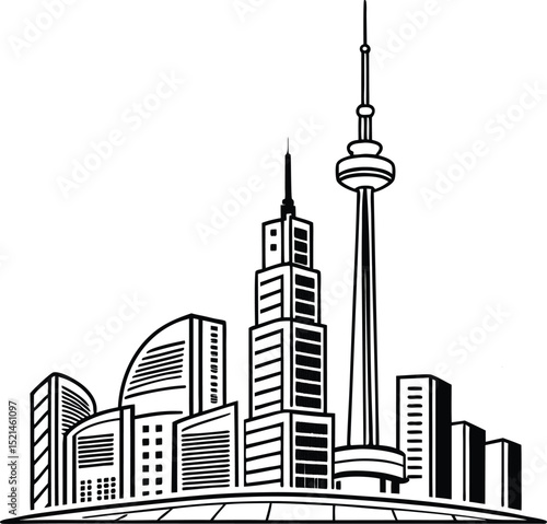 Modern black silhouette city skyline vector illustration with urban buildings and skyscrapers