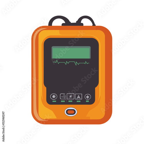 Orange Portable Defibrillator with Monitor Displaying Electrocardiogram Tracing on White Background