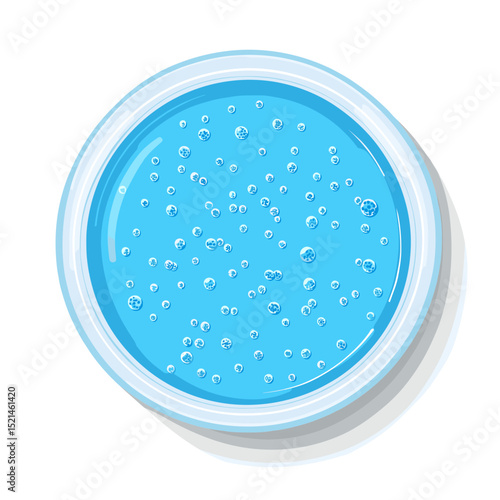 Overhead View of Refreshing Blue Liquid with Bubbles in a Round Clear Container with Soft Shadows and Flat Design