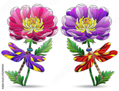 A set of illustrations in the style of stained glass with dragonflies on flowers, figures isolated on a white background
