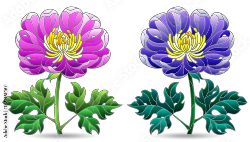 A set of illustrations in the style of stained glass with  flowers, figures isolated on a white background