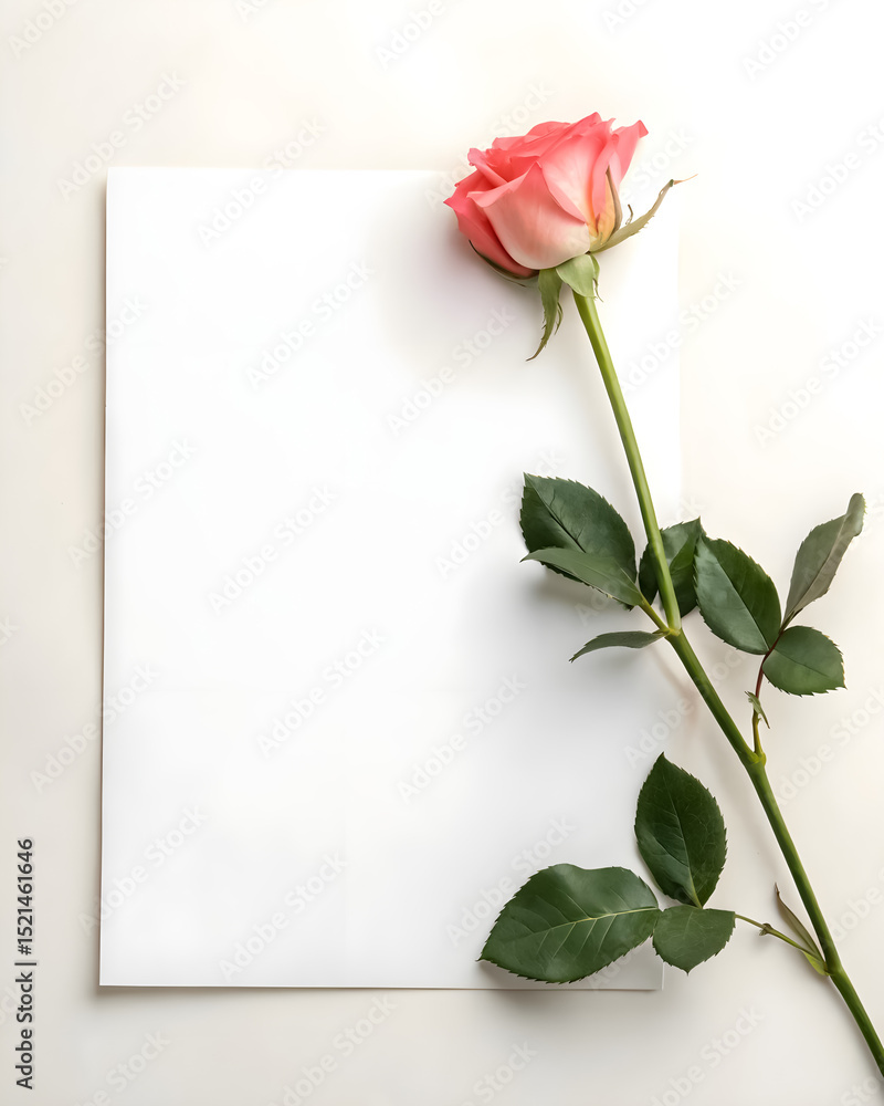 Fototapeta premium Soft minimal white paper background with a single rose and its stem in the corner