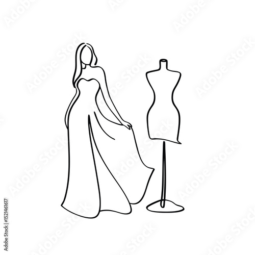 Elegant woman in gown near dressmakers dummy continuous line drawing