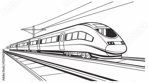 Illustration of a modern high speed train on the tracks with overhead power lines in black and white style