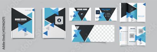 Corporate Identity Set Design Template. Modern editable template set for corporate branding including book covers, brochure, and business cards with geometric shapes in black, white, and blue color