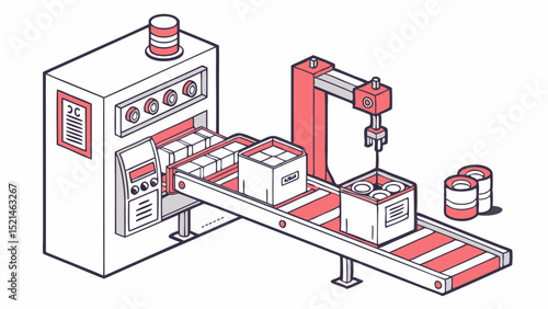 Isometric view of automated production line with conveyor belt machine and robotic arm assembly line