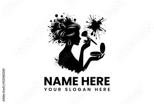 Elegant silhouette vector logo of sophisticated woman applying makeup with brush and compact mirror  