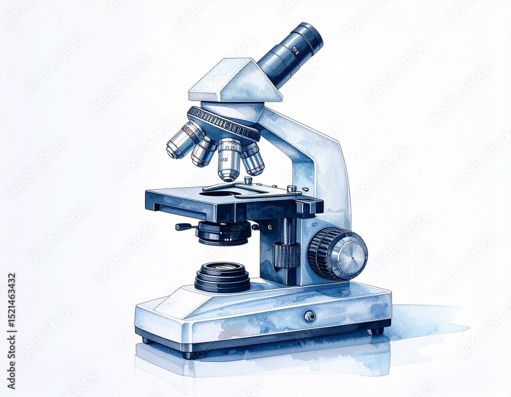 Detailed Watercolor Illustration of a Classic Compound Microscope for Scientific Research and Education Detailed Watercolor Illustration of a Classic Compound Microscope for Scientific Research and Education