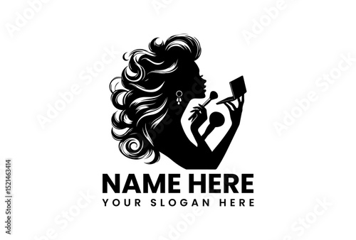Elegant silhouette vector logo of sophisticated woman applying makeup with brush and compact mirror  