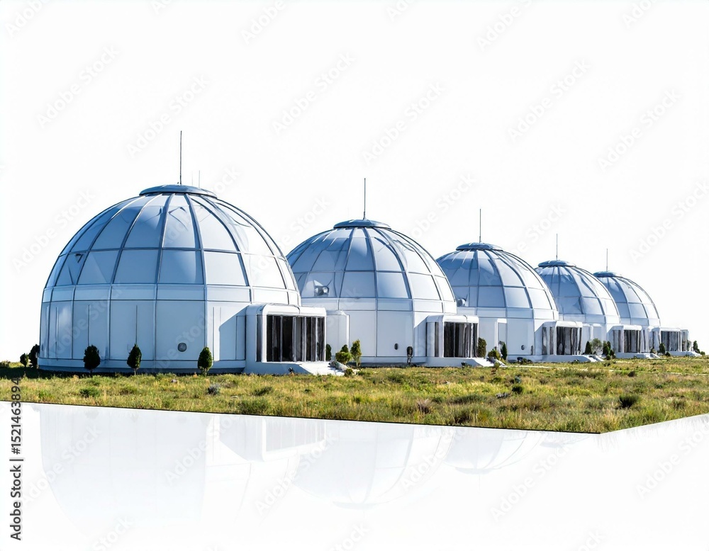 Obraz premium Modern geodesic dome structures architectural design on a grassy field Futuristic buildings exterior view
