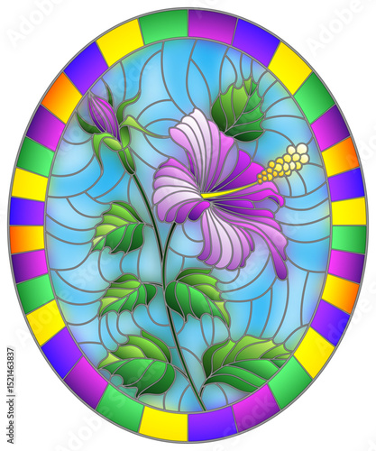 Illustration in stained glass style flower of purple hibiscus on a blue background in a bright frame,oval  image