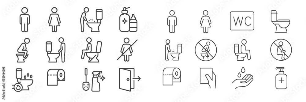 Icons depicting various bathroom activities and hygiene practices in a public restroom setting Icons depicting various bathroom activities and hygiene practices in a public restroom setting