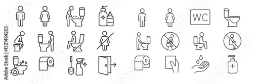 Icons depicting various bathroom activities and hygiene practices in a public restroom setting
