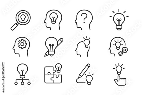 Various icons representing creative thinking, problem solving, and brainstorming concepts in a simple graphic style