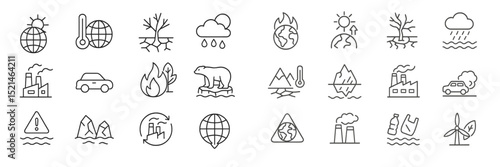 Icons representing climate change effects, environmental issues, and sustainable practices with a global perspective