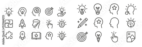 Collection of line icons representing creativity, ideas, and innovation in various forms and expressions