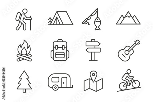 Outdoor adventure activities collection featuring camping, hiking, fishing, and cycling during daytime in a natural setting