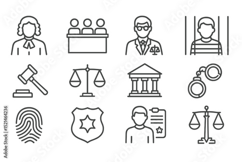 Legal symbols and figures showcase various aspects of the justice system in a simple, modern design