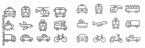 Various modes of transportation illustrated in simple line art in a clean and organized layout