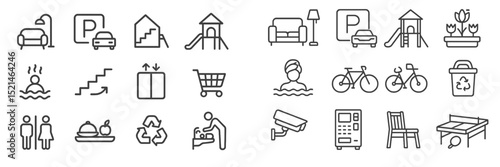 Various simple line icons depicting common activities, objects, and facilities found in urban settings and recreational areas