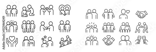 Icons representing diverse relationships and social interactions including love, friendship, and collaboration