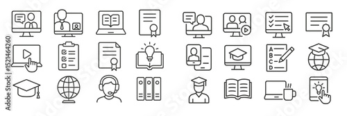 Collection of educational icons depicting various online learning activities and resources for virtual education