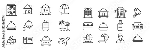 Travel essentials illustration showcasing accommodations, transportation, and relaxation aspects at a vacation destination
