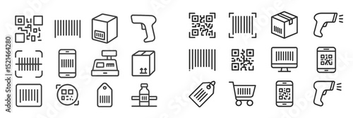 Collection of barcode and QR code icons showcasing various scanning devices and applications in retail and inventory management