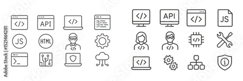 Web development icons depicting various programming concepts and tools utilized in coding and software creation