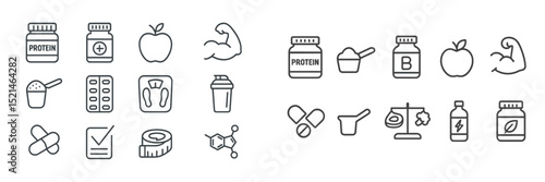 Collection of icons representing nutrition, supplements, and fitness activities for health-conscious individuals