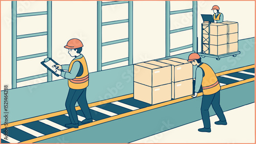 People working in a warehouse with boxes on a conveyor belt and one person using a laptop on boxes