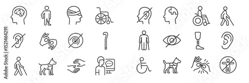 Icons representing various aspects of accessibility and disability in different activities and environments
