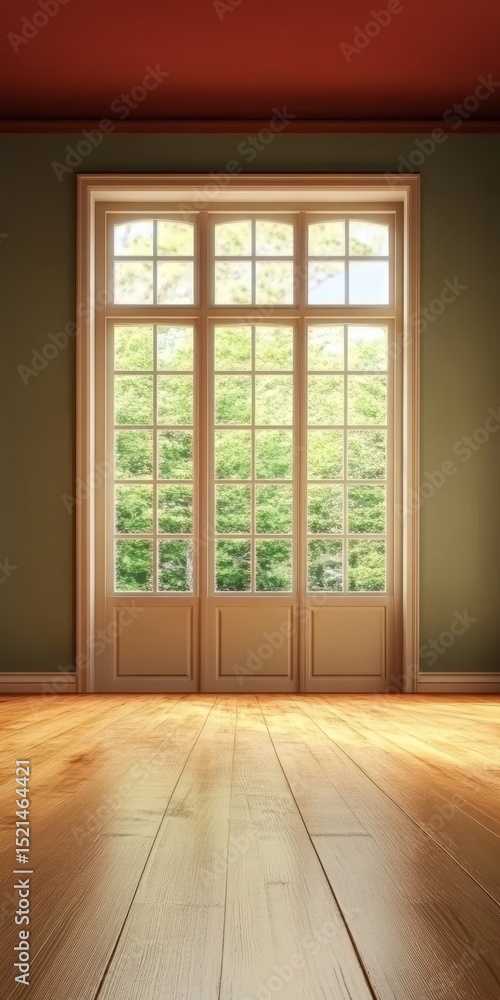 Fototapeta premium Bright Minimalist Room with Elegant Wood Floor and Sunlight Streaming through Large Window