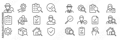Icon set featuring various professions and tasks related to quality control and inspection in minimalist style