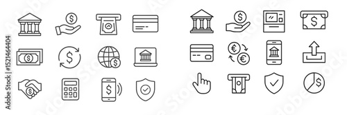Icons depicting various financial activities and banking services in black and white illustration style