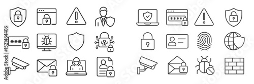 Collection of cybersecurity icons representing various online safety measures and protective technologies for digital users