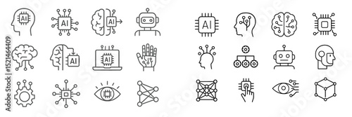 Collection of digital icons representing concepts related to artificial intelligence technology and its applications