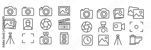 Collection of photography and videography icons showcasing various tools and elements used in visual media production