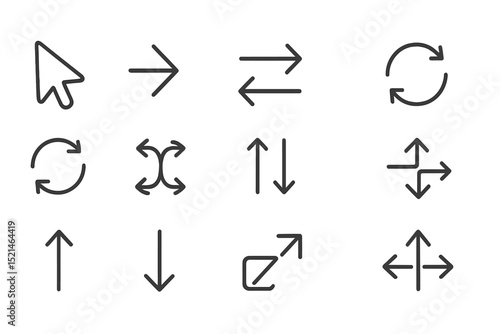Set of directional icons used for navigation and interaction in digital interfaces designed for various applications