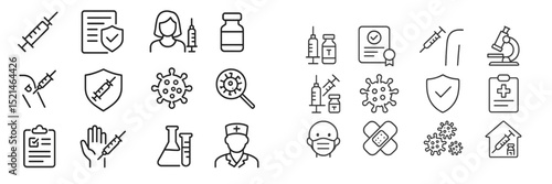 Vector icons representing vaccination, health care, and medical research in an organized layout for informative use