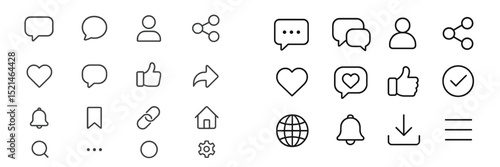 Collection of minimal line icons for communication, social media, and user interaction design in a modern digital context